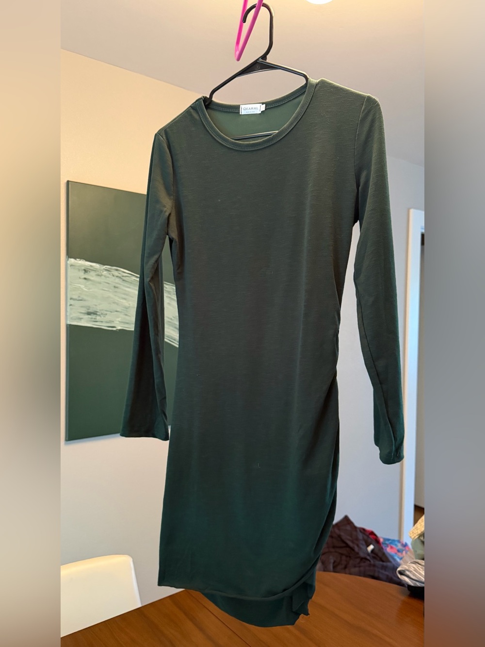 Olive Green Side Ruched Long Sleeve Women’s Dress